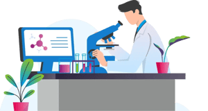 Scientist analyzing laboratory samples using a microscope at a digital lab workstation